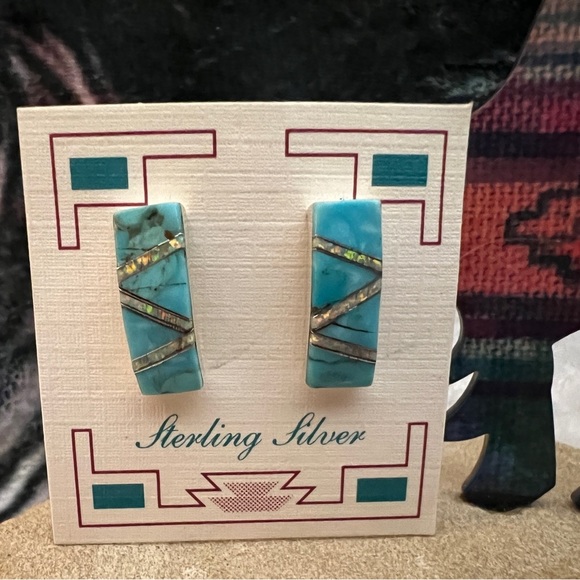 ❤️ Zuni Mojave Turquoise & Lab Opal Inlaid Earrings 925 Native Signed “8M” - Picture 1 of 8